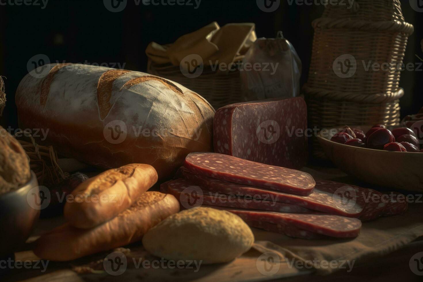 salami slices on a wooden table. country style. ai generative photo
