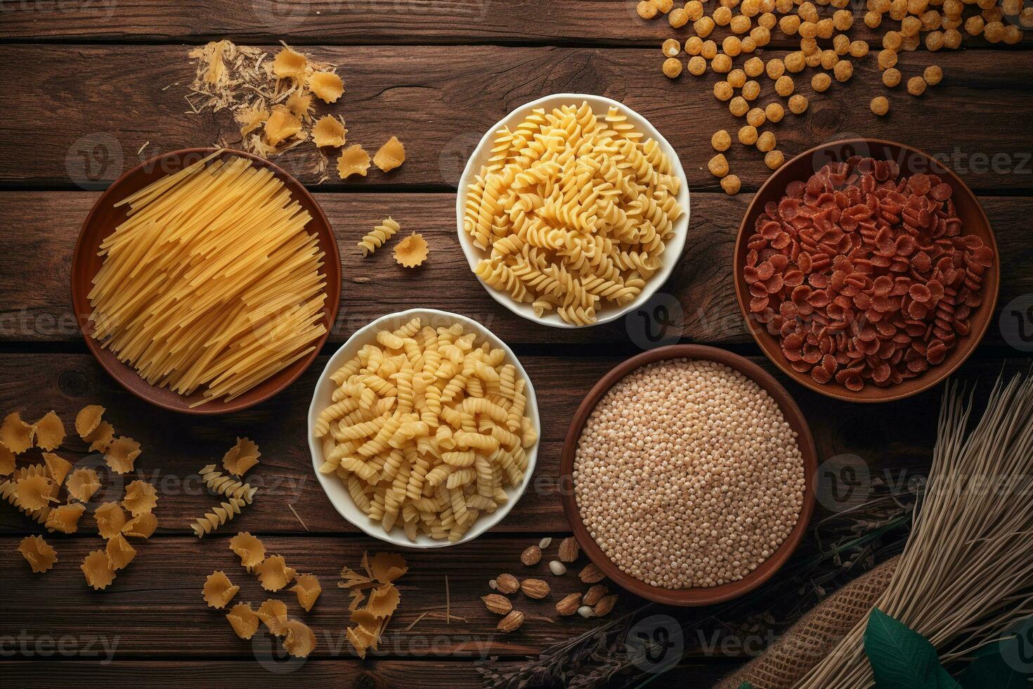 diferente variedades de pasta y cereales mentira en platos en un de madera superficie, parte superior vista, textura antecedentes. natural sano alimento, vegano dieta. natural sano alimento, vegano dieta. generativo ai foto