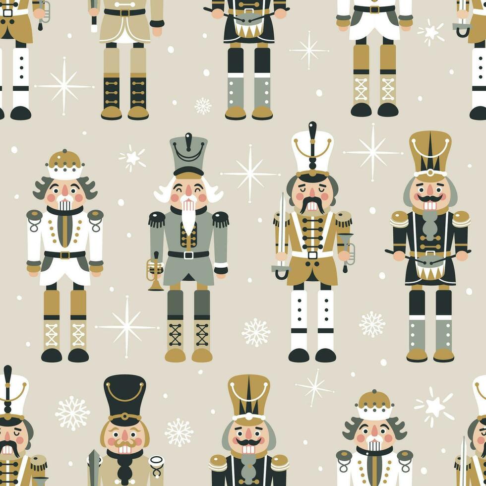 Seamless Christmas Pattern with Nutcrackers in Vector in beige.