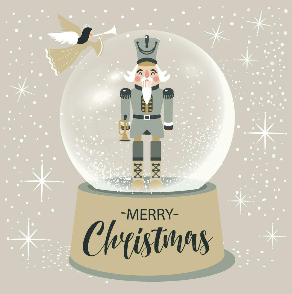 Christmas Nutcracker in snow glass globe Vector Illustration on Light