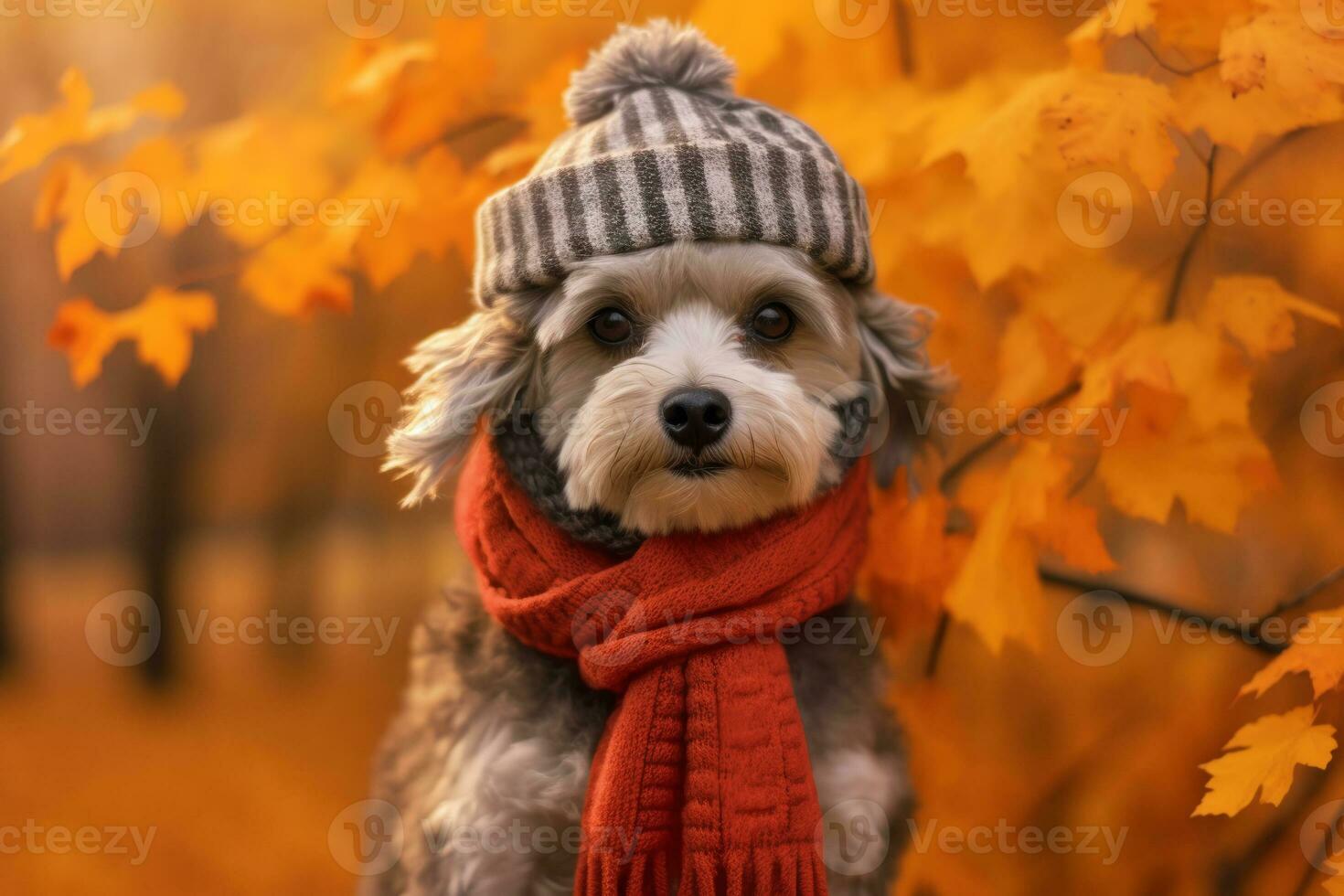 cute dog in a hat and scarf on an autumn background.ai generative photo