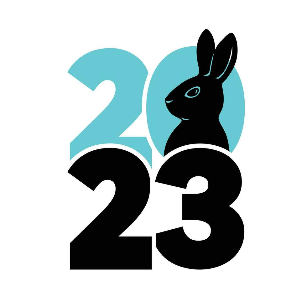2023 logo with rabbit. Cool and stylish black and blue icon. The Chinese new year 2023. Vector graphic illustration.