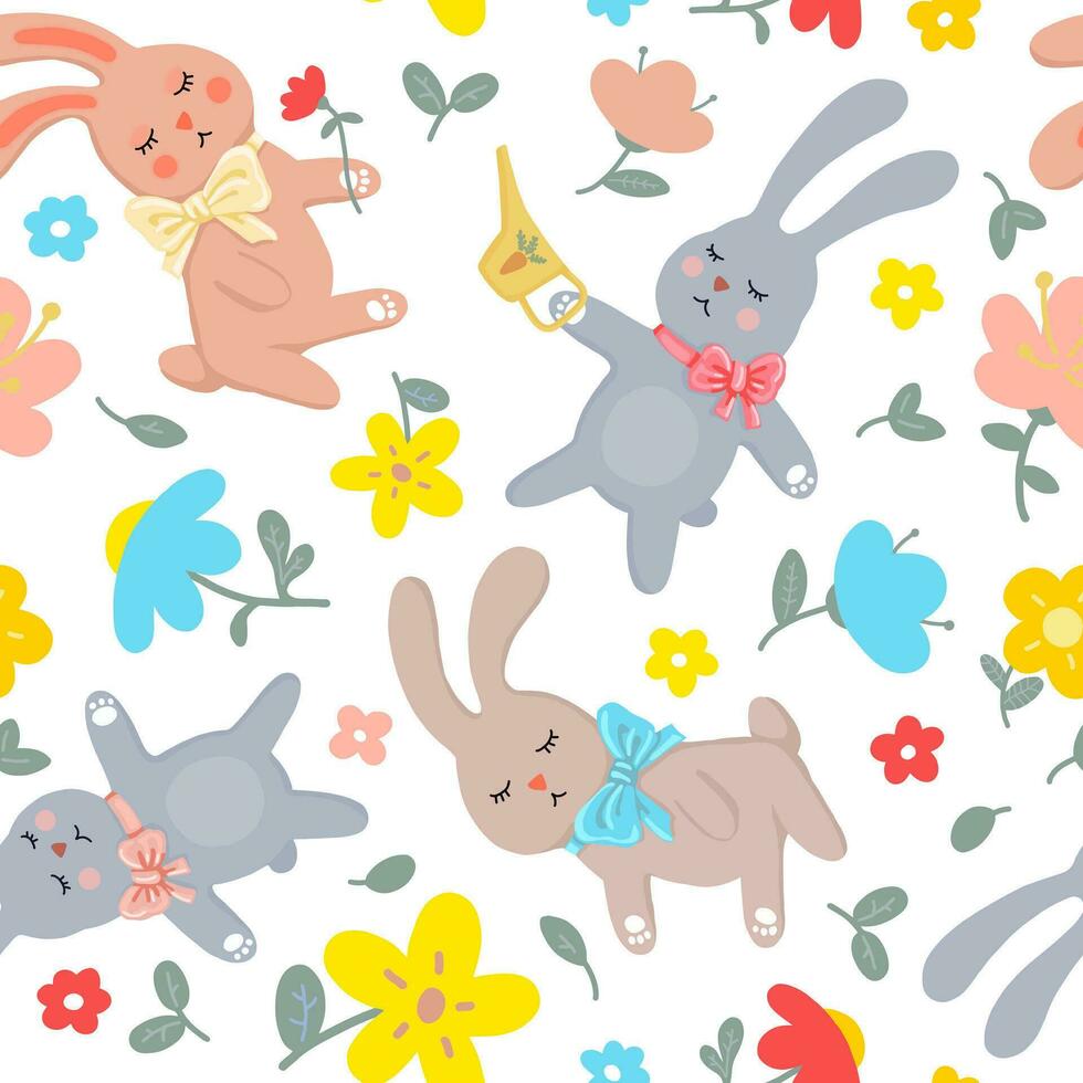 seamless pattern. cute spring cartoon gardeners bunnies, plants and flowers. flat illustration. for newbaby clothes, fabrics, bed linen, wallpaper, wrapping paper vector