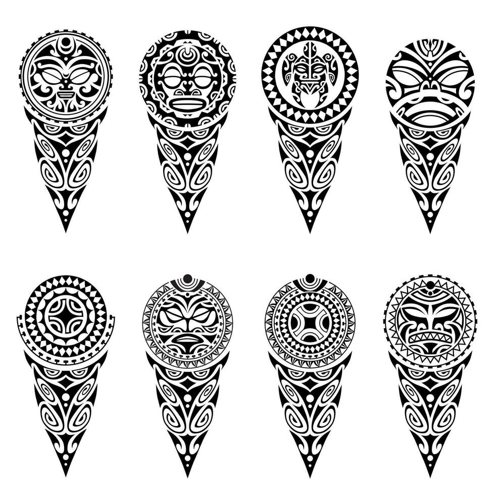 Set of tattoo sketch maori style for leg or shoulder. With turtle, sun face, mask, swastika. vector