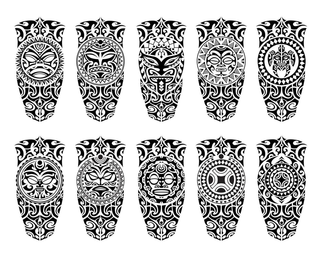 Set of tattoo sketch maori style for leg or shoulder. With turtle, sun face, mask, swastika. vector