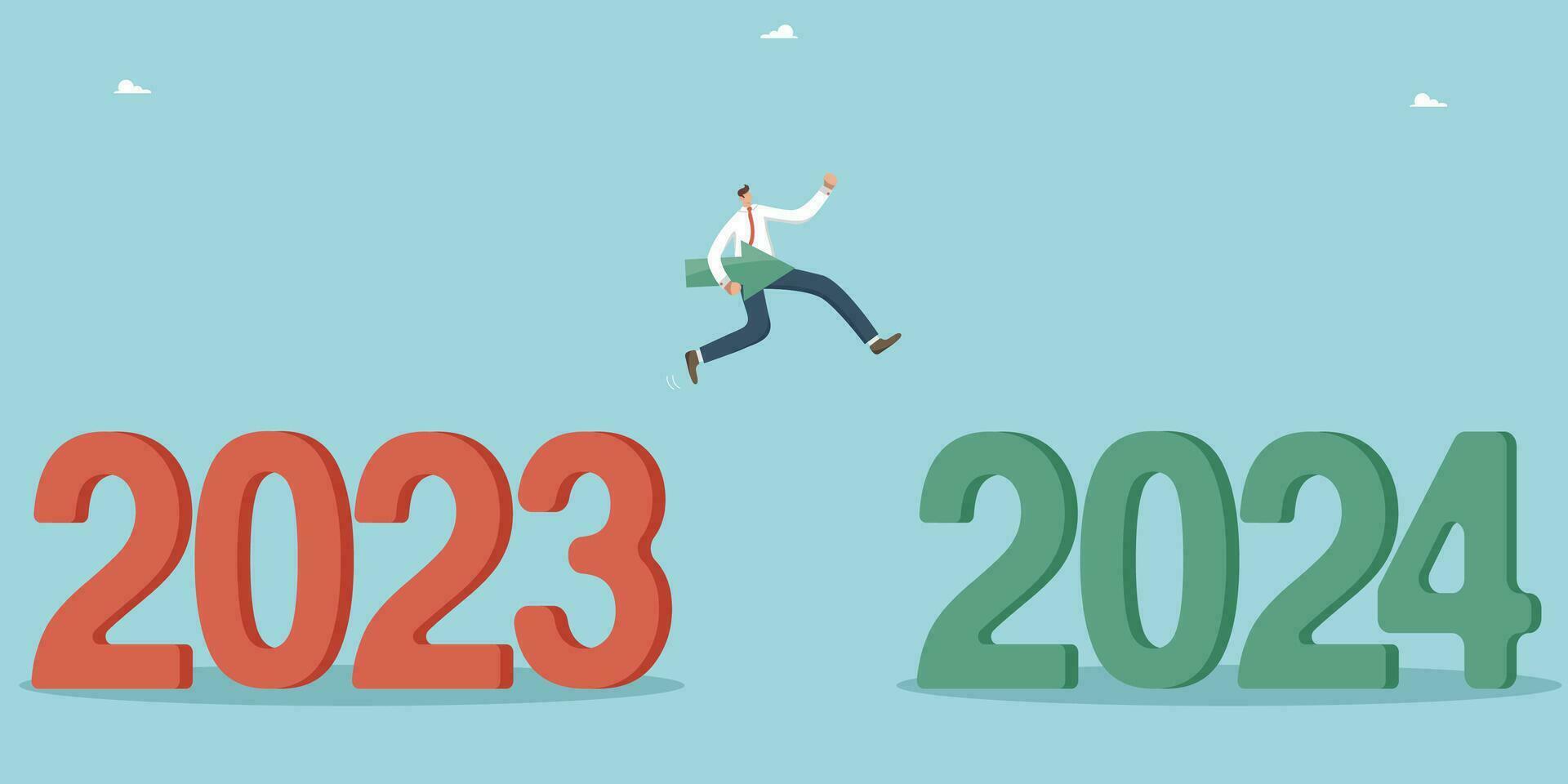 Positive attitude and motivation for success and growth of the business in the new 2024, overcoming obstacles and solving unfinished tasks in the outgoing year, man with arrow jumps from 2023 to 2024. vector