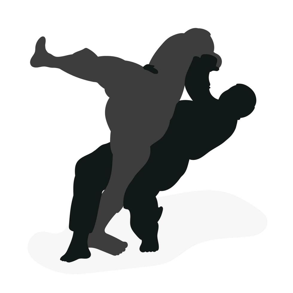 Image silhouette judoka. Judo, martial art, sportsmanship, wrestling, duel, grappling, combating, fighting, struggle vector
