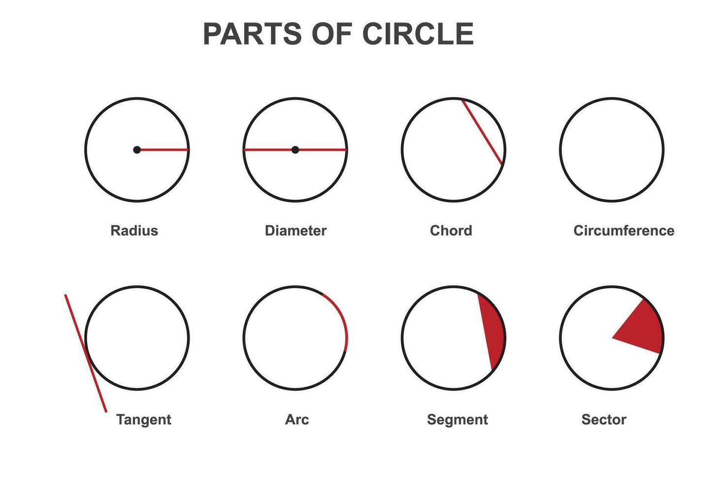 different parts of a circle. Radius, diameter, circumference, chord, arc, tangent, segment and sector.parts of a circle in mathematics. vector