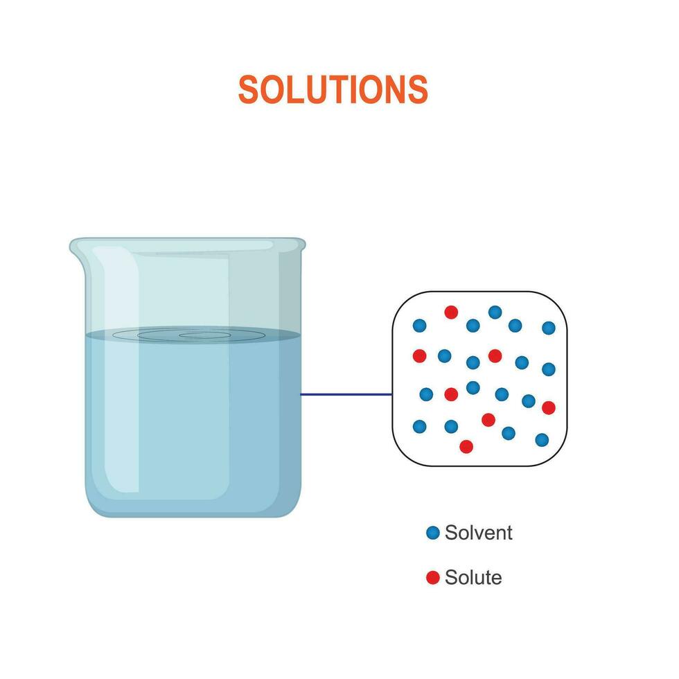 Solutions. Beaker or container with solute in a solvent. Dissolving solid particles or ions in a liquid. vector