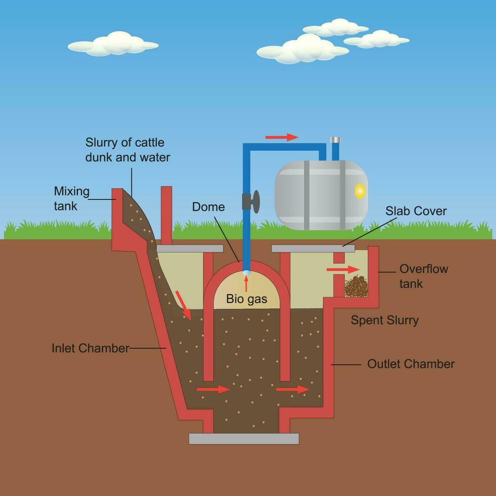 Biogas reactor working principle with underground structure outline diagram. vector
