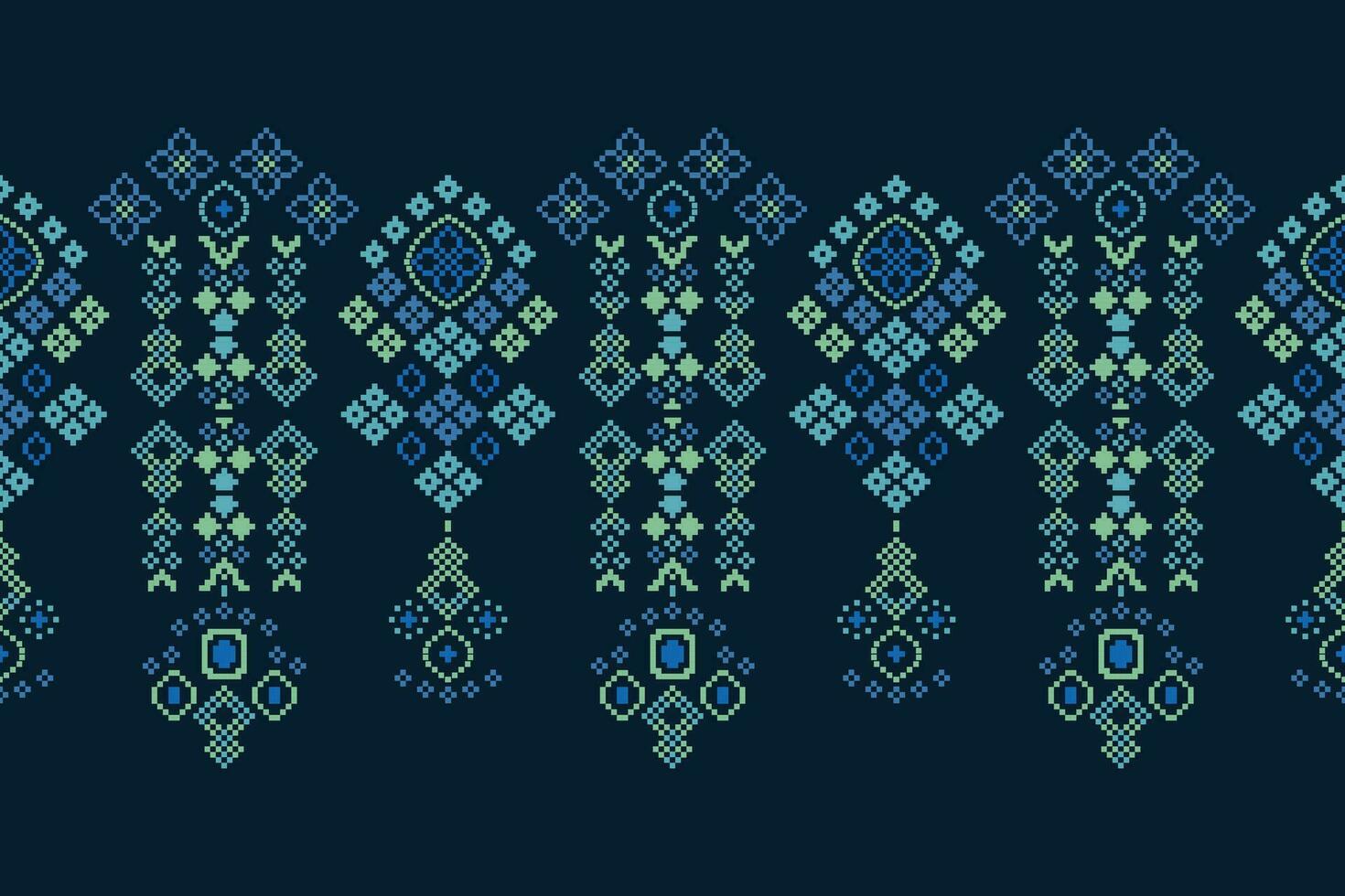 Ethnic geometric fabric pattern Cross Stitch.Ikat embroidery Ethnic oriental Pixel pattern blue background. Abstract,vector,illustration. Texture,clothing,frame,decoration,motifs,silk wallpaper. vector