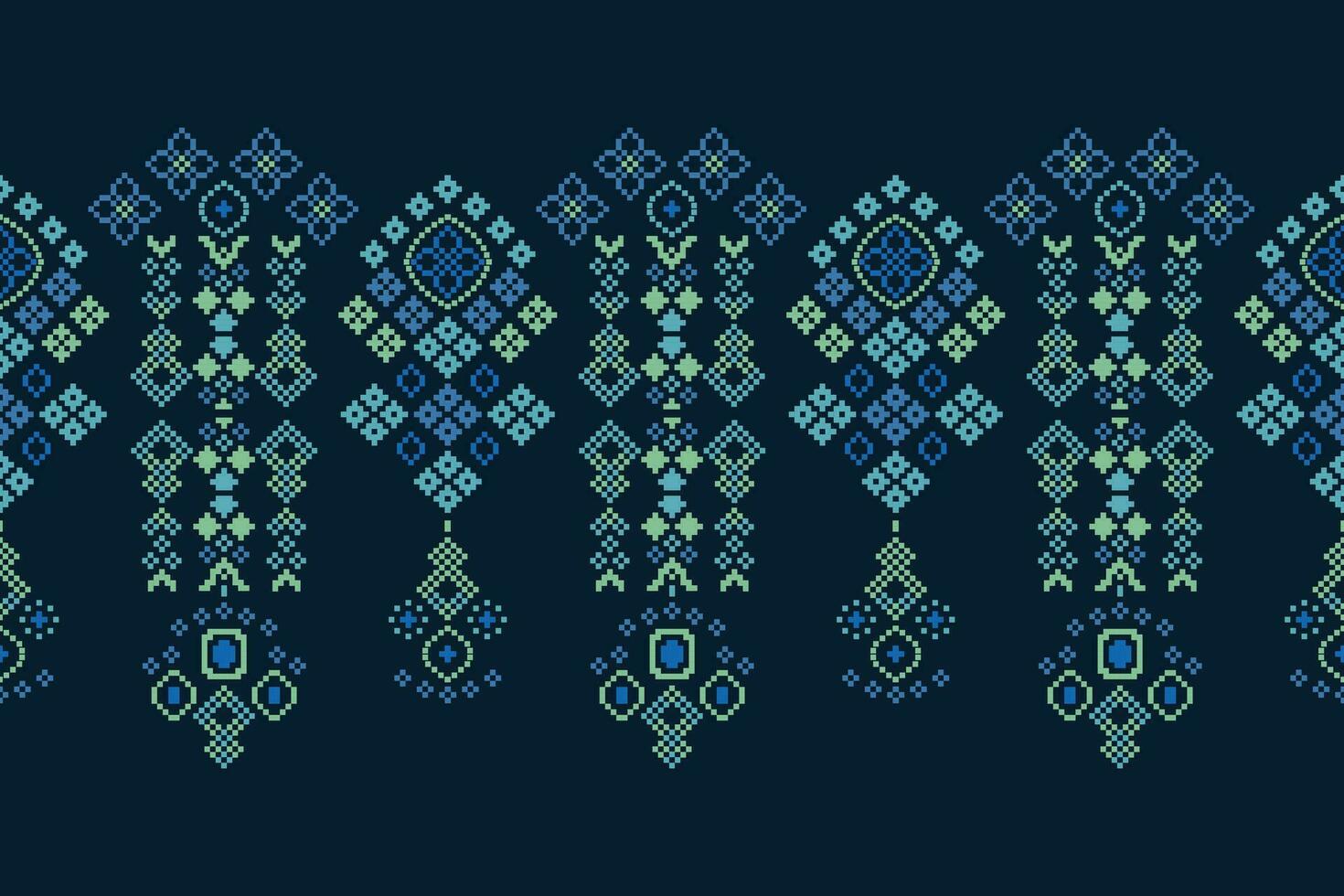 Ethnic geometric fabric pattern Cross Stitch.Ikat embroidery Ethnic oriental Pixel pattern blue background. Abstract,vector,illustration. Texture,clothing,frame,decoration,motifs,silk wallpaper. vector