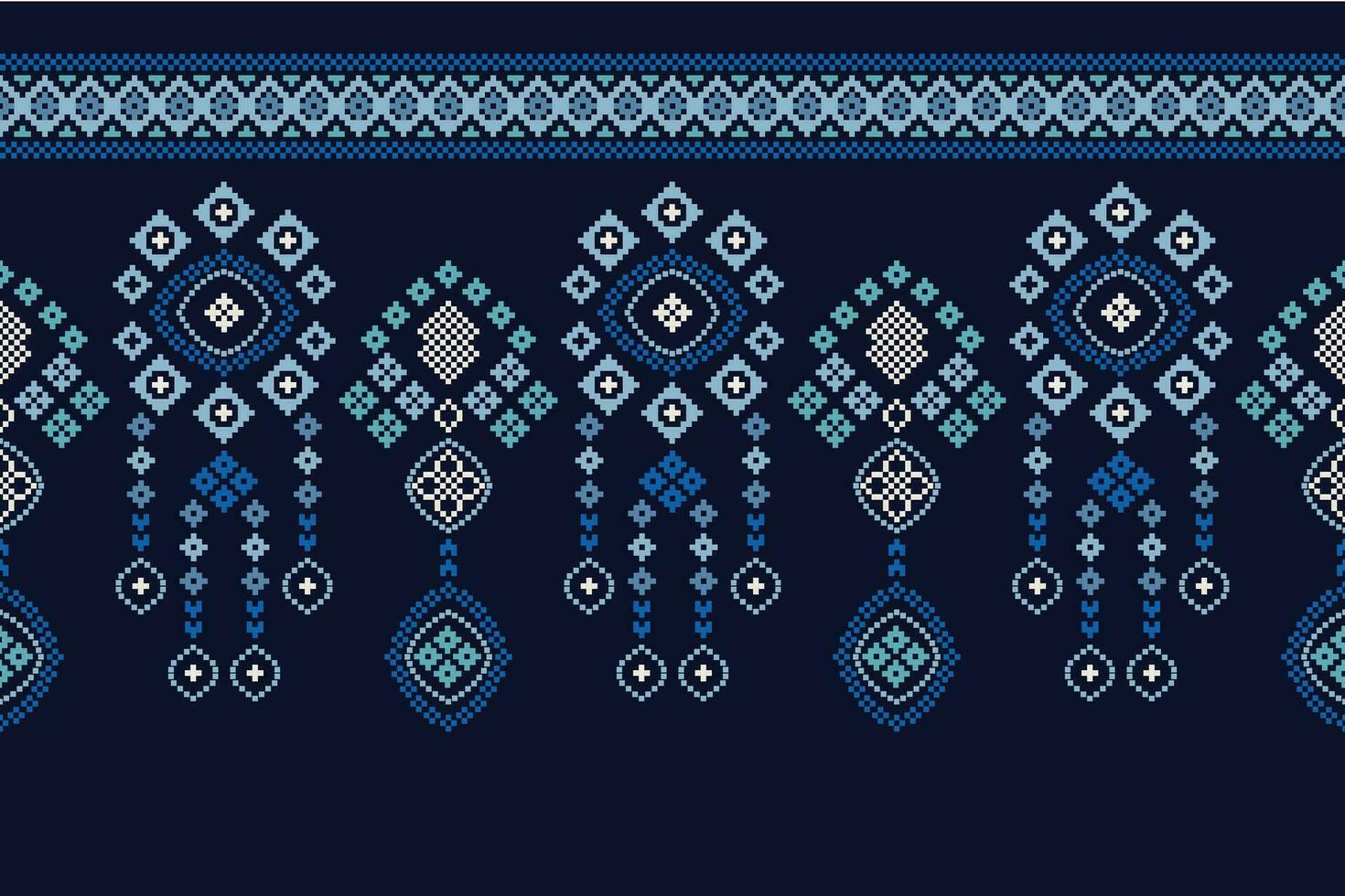 Ethnic geometric fabric pattern Cross Stitch.Ikat embroidery Ethnic oriental Pixel pattern blue background. Abstract,vector,illustration. Texture,clothing,frame,decoration,motifs,silk wallpaper. vector