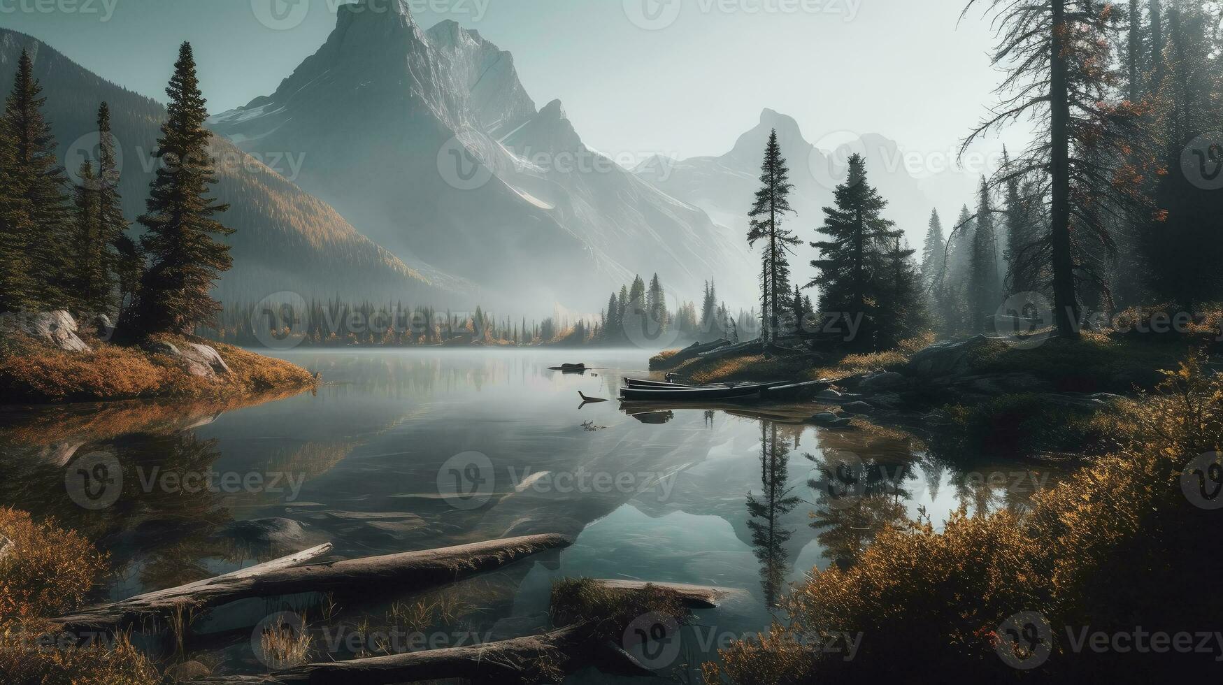 Panorama of a lake in Banff National Park, Alberta, Canada. ai generative photo