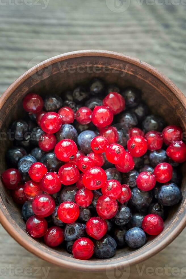Bowl of blueberries with redcurrant on the wooden table photo