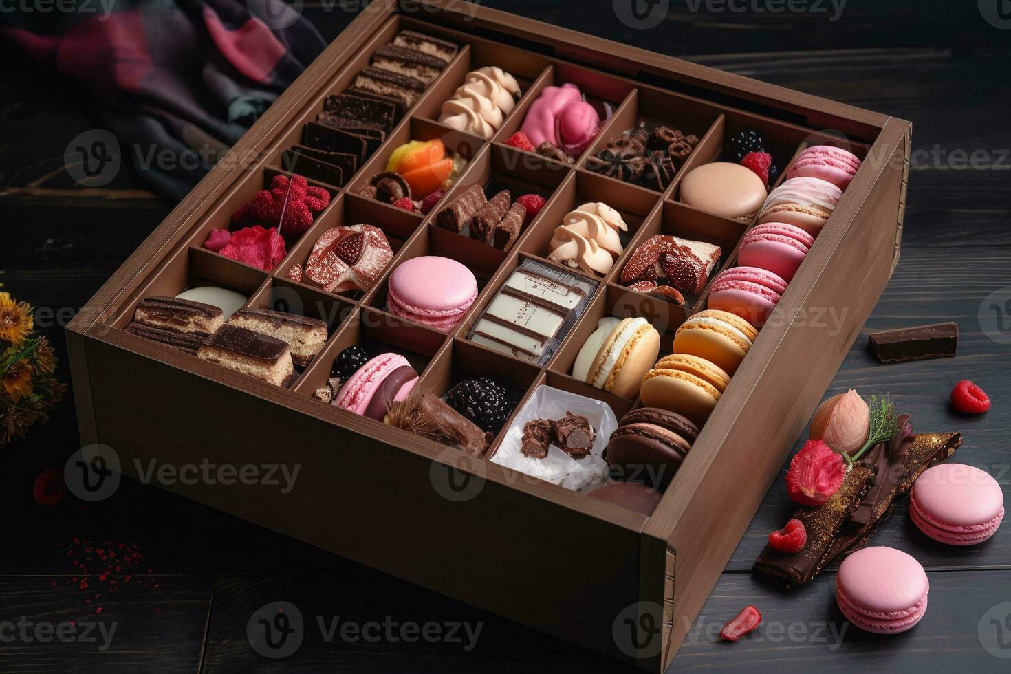 wooden box with different types of sweets and pastries. ai generative photo