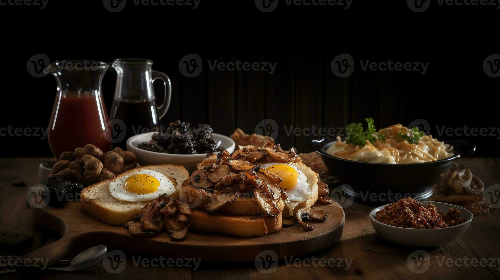 frito huevos, tocino, hongos, patatas y verduras en un oscuro antecedentes. ai generativo foto