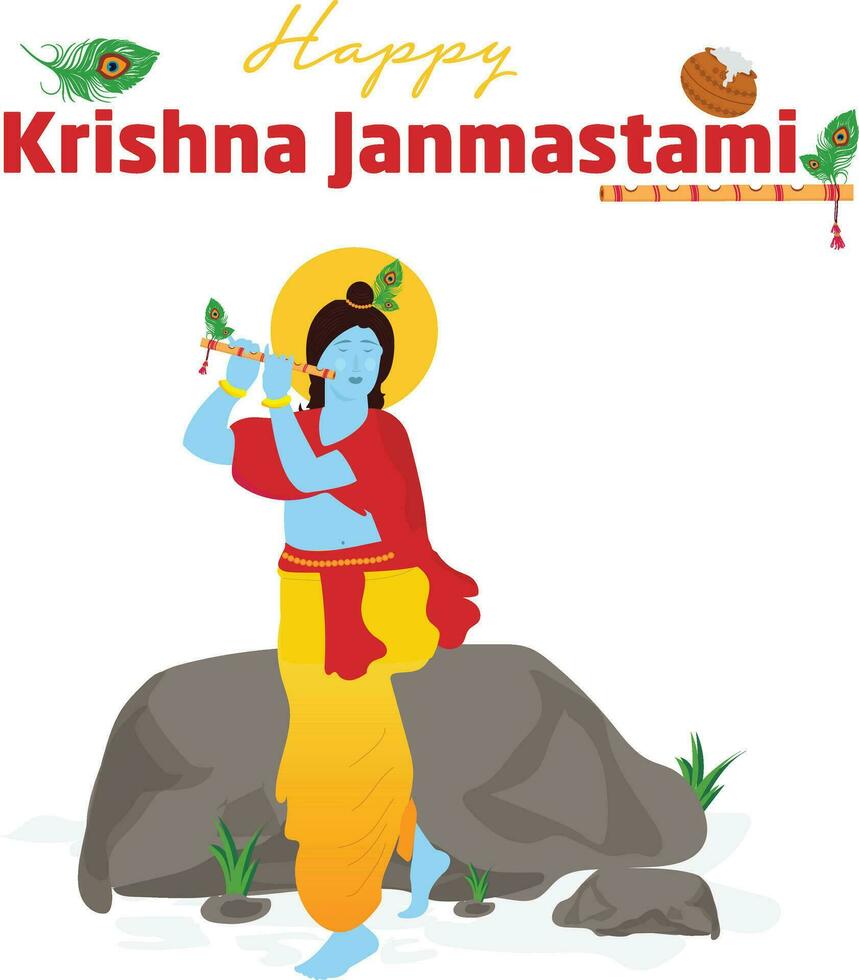 happy janmashtami with lord krishna hand playing bansuri card vector