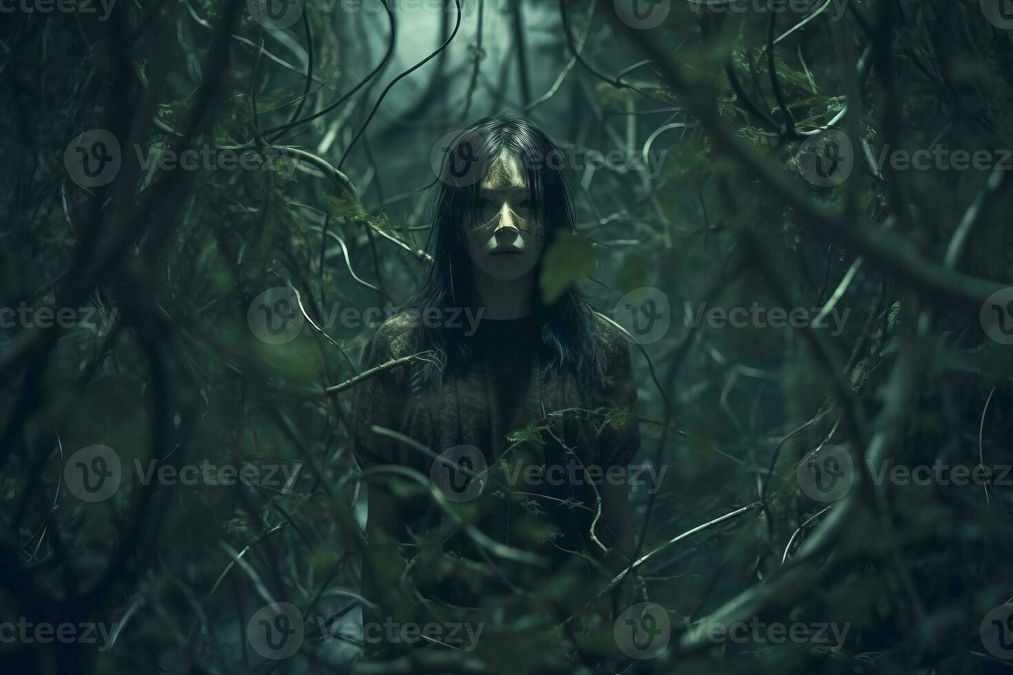 a woman standing in the middle of a dark forest photo