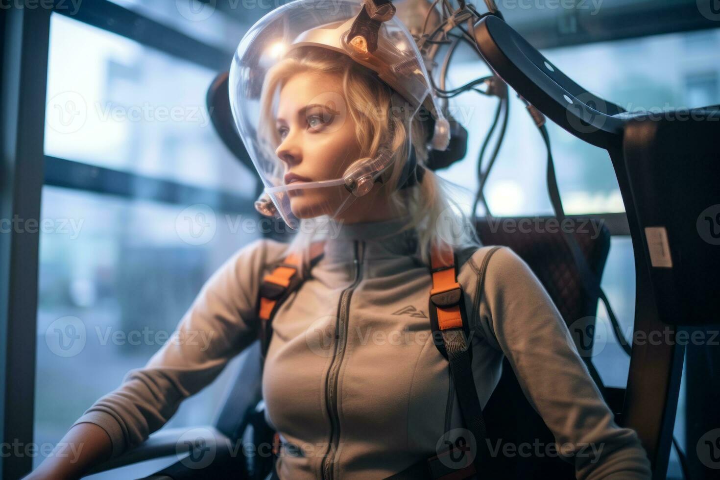 a woman wearing a helmet and looking out the window generative AI photo