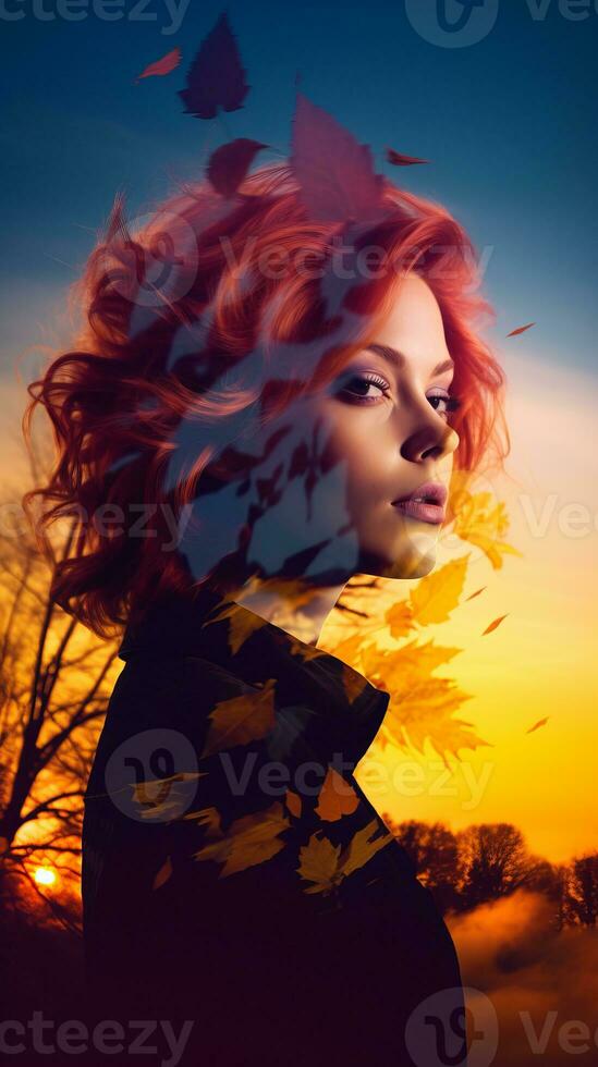 a woman with red hair and leaves on her face photo