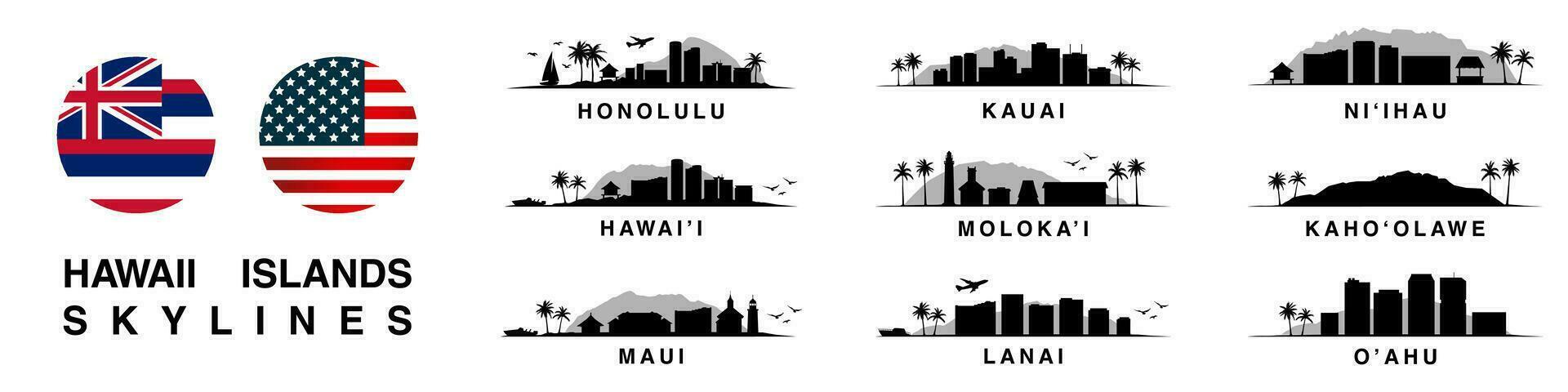 Vector illustration featuring the iconic skylines of Hawaii's islands. Set of exotic landscapes. Perfect for designs capturing the essence and beauty of the Aloha State. Maui, Honolulu, Kauai and more
