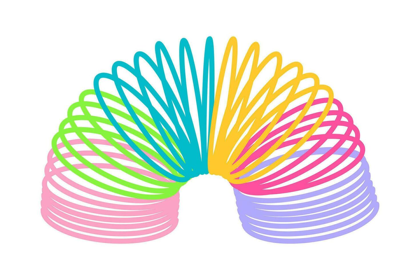 Rainbow spiral spring toy. Children magic colored plastic kid toy. 80s, 90s childhood nostalgia. vector