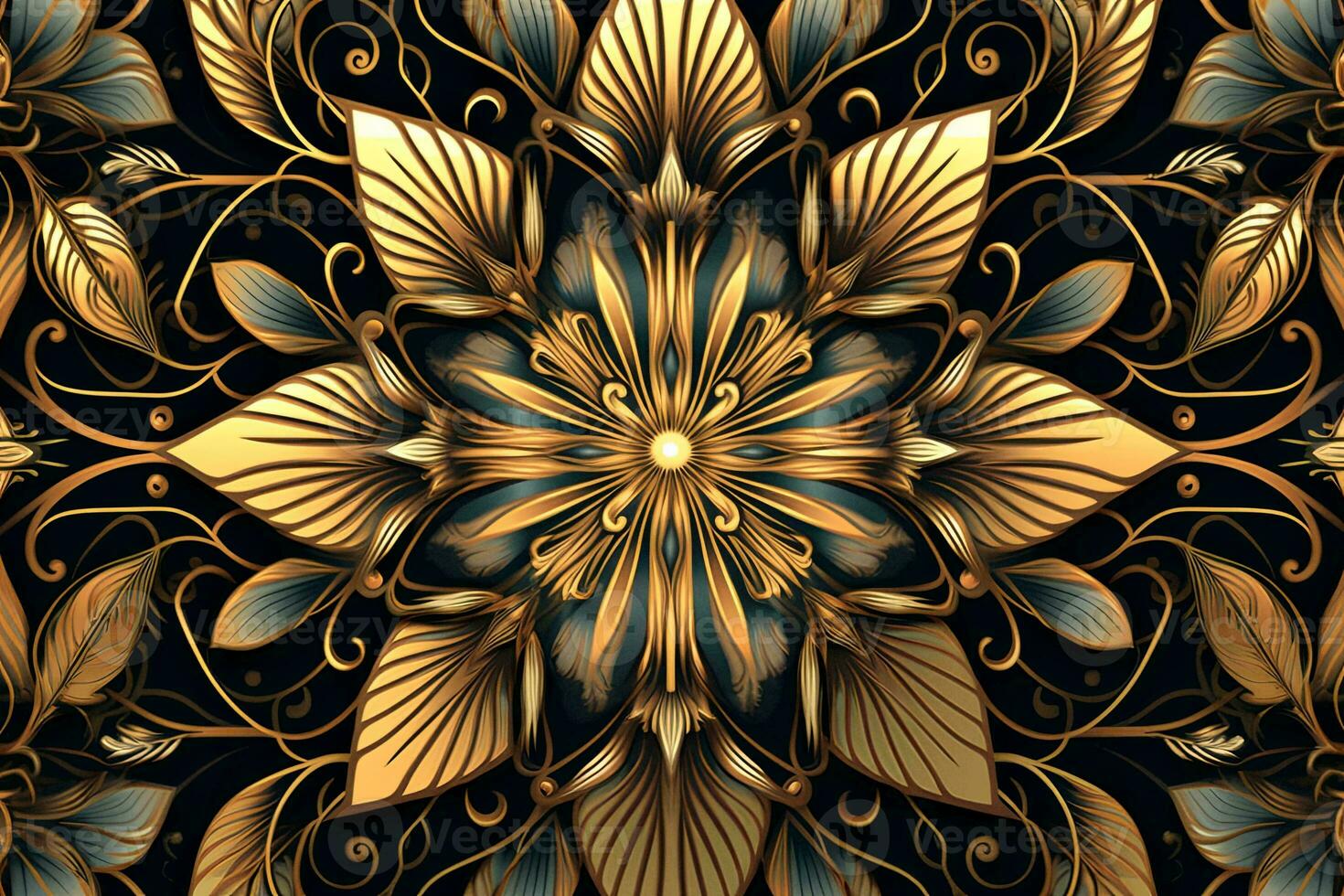 golden floral pattern on a black background generative AI photo