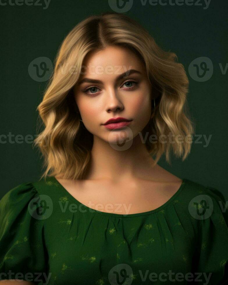 portrait of a pretty blonde girl on a green background generative AI photo