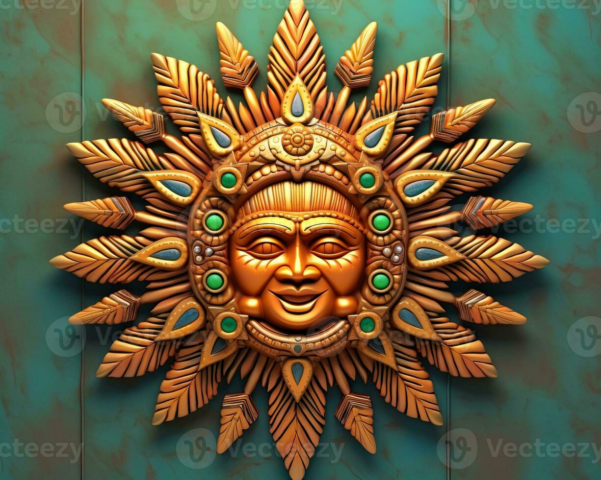 golden sun face on a wooden background generative AI photo