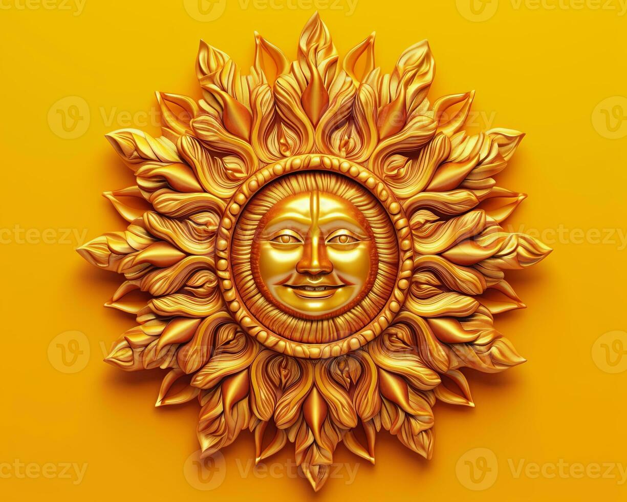 golden sun on yellow background 3d illustration generative AI photo