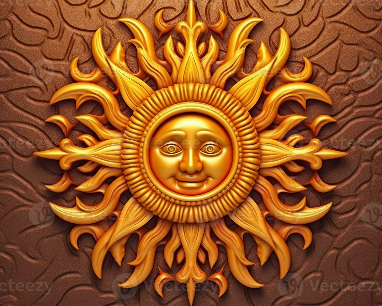 golden sun with face on a brown background generative AI photo