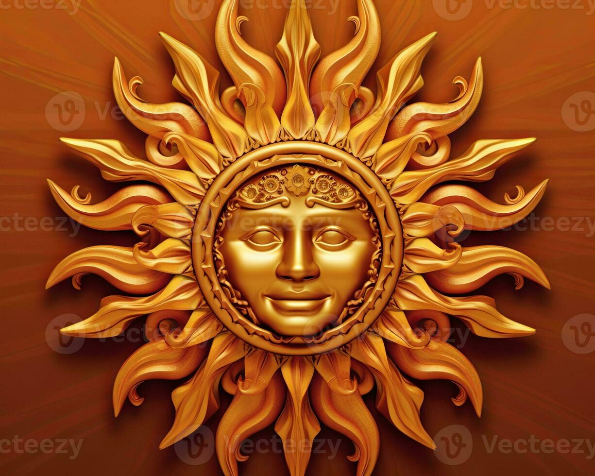 golden sun face on a brown background generative AI photo