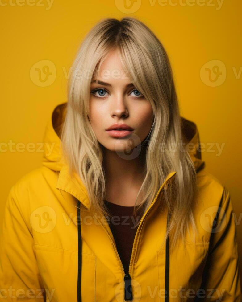 portrait of beautiful blonde woman in yellow jacket on yellow background generative AI photo