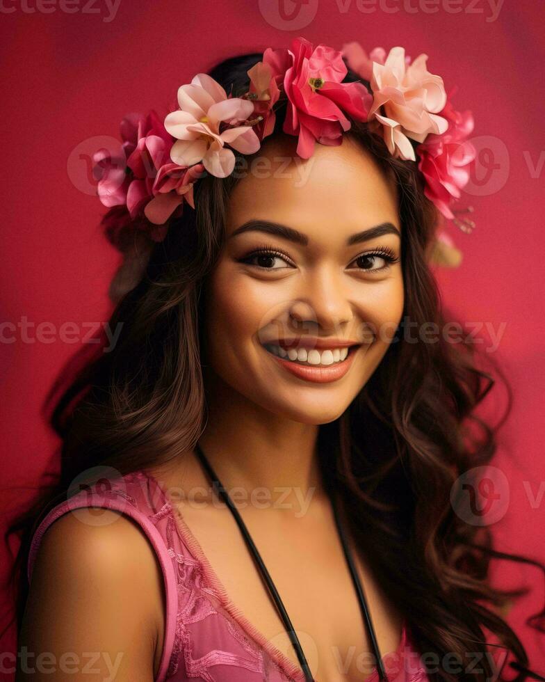 portrait of a beautiful young woman wearing a flower crown on a red background generative AI photo