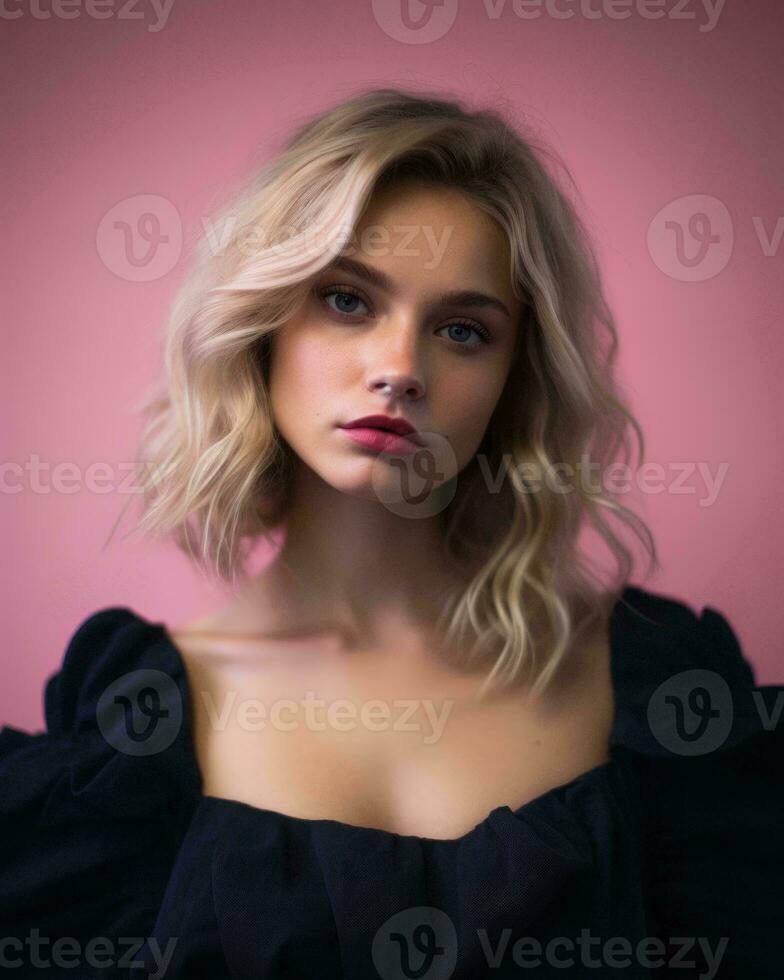 portrait of a beautiful young woman with blonde hair on a pink background generative AI photo