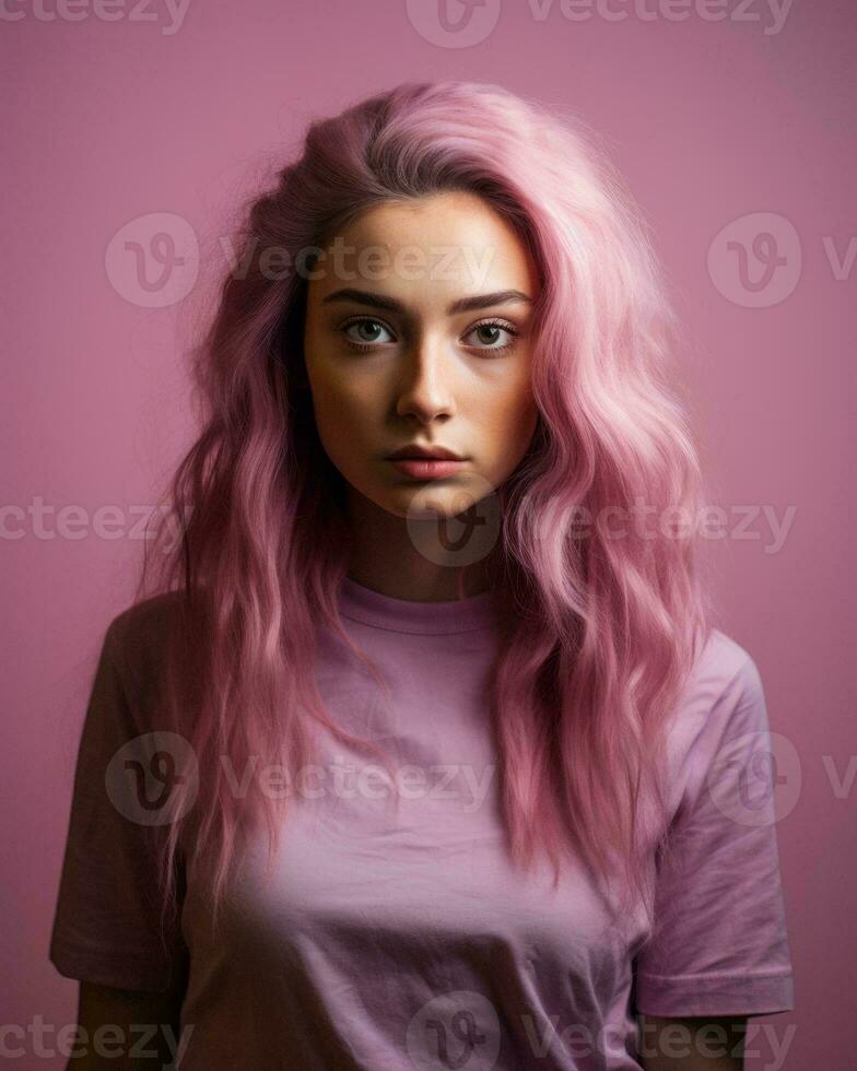 portrait of a beautiful young woman with pink hair on a pink background generative AI photo