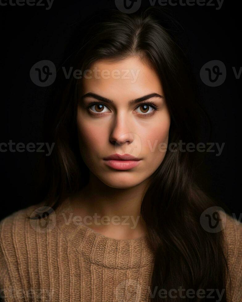 portrait of a beautiful young woman with long brown hair on a black background generative AI photo