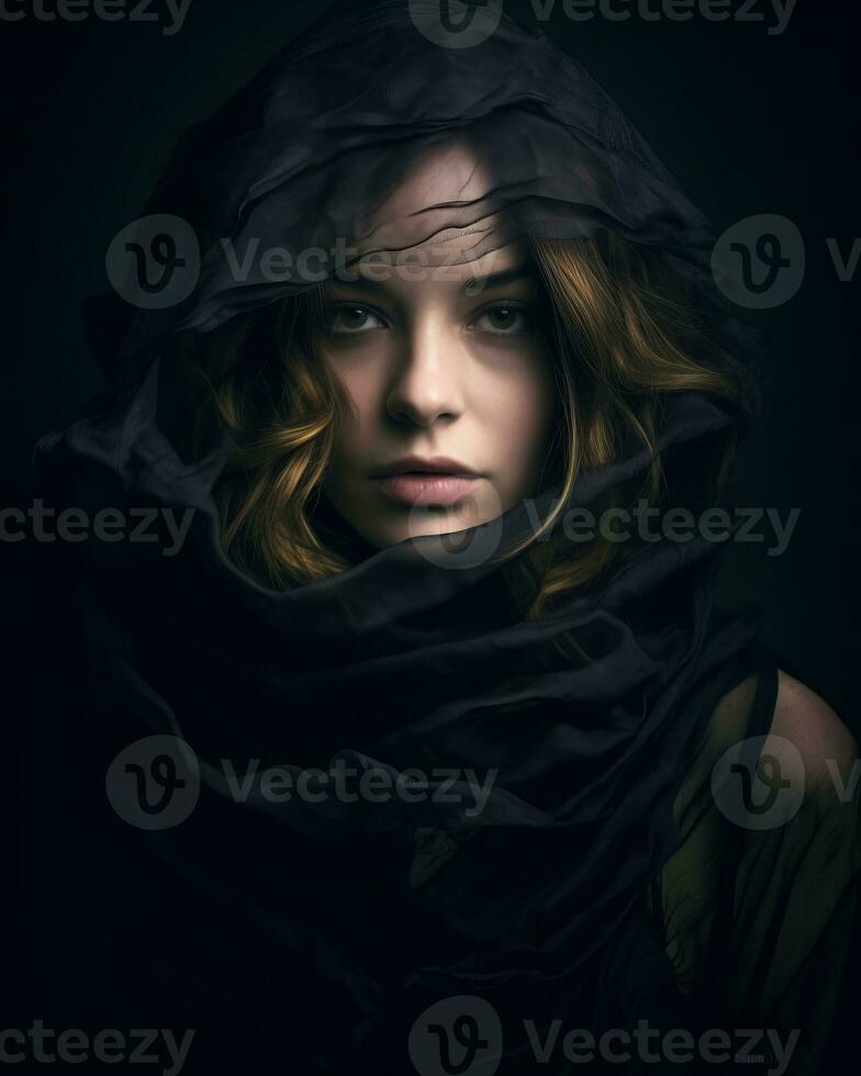 portrait of a beautiful young woman in a black veil on a dark background generative AI photo
