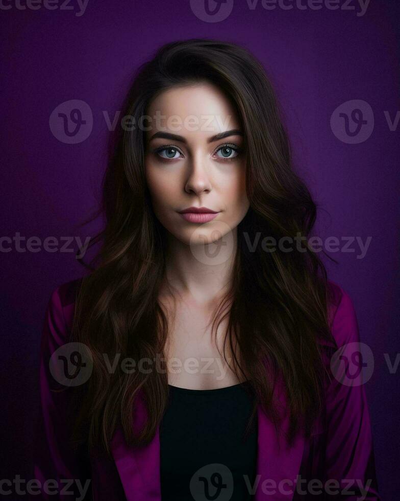 portrait of a beautiful young woman with long brown hair on a purple background generative AI photo