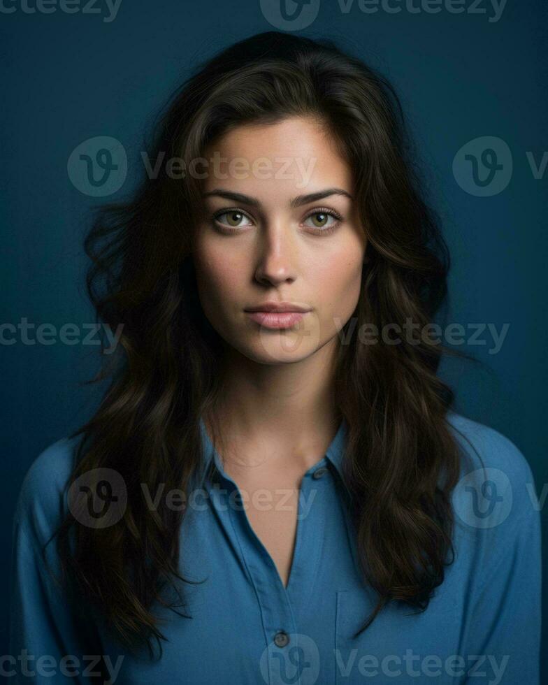 portrait of beautiful young woman on blue background generative AI photo