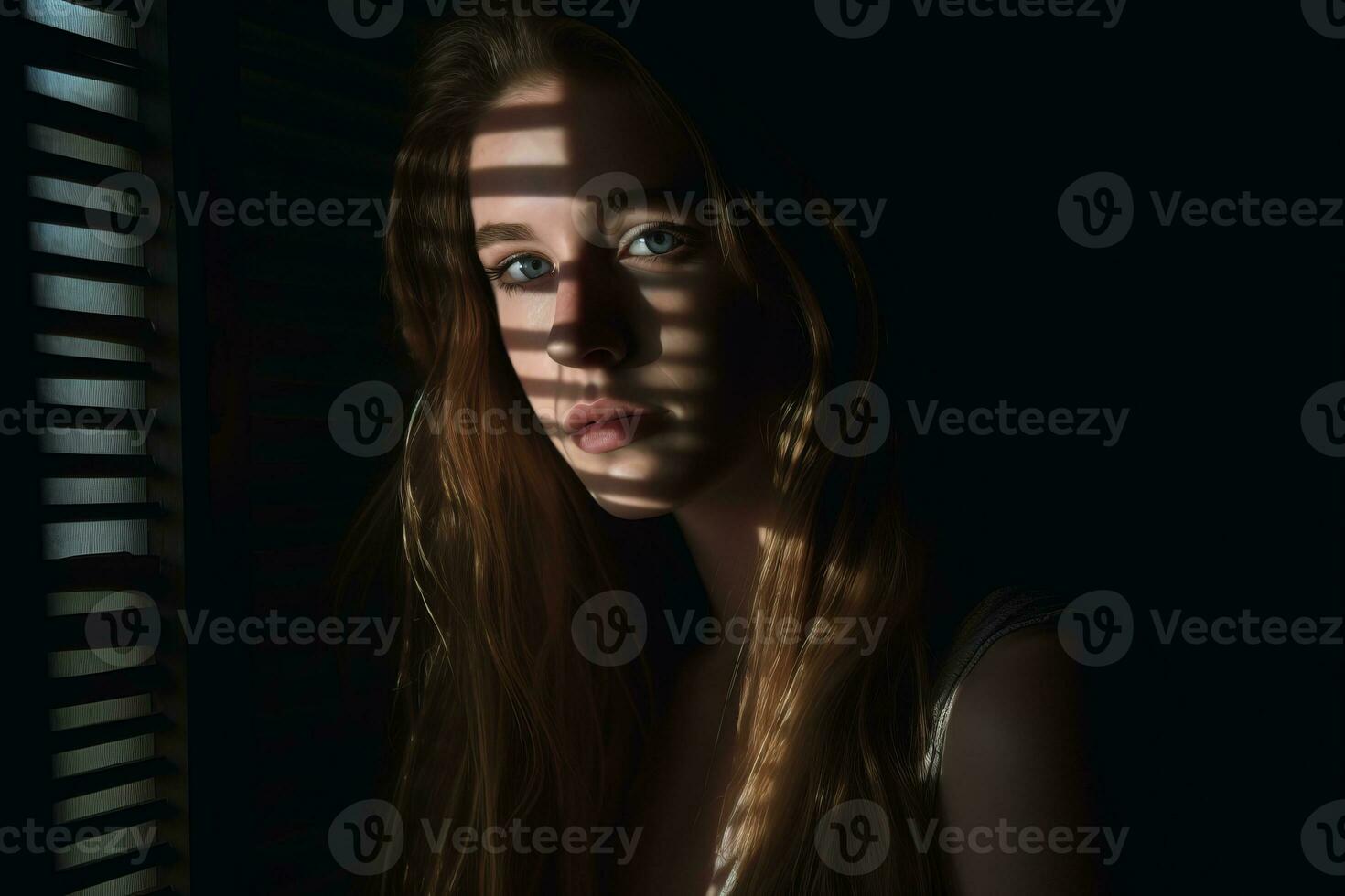 portrait of a beautiful young woman with long hair in front of a window with blinds generative AI photo