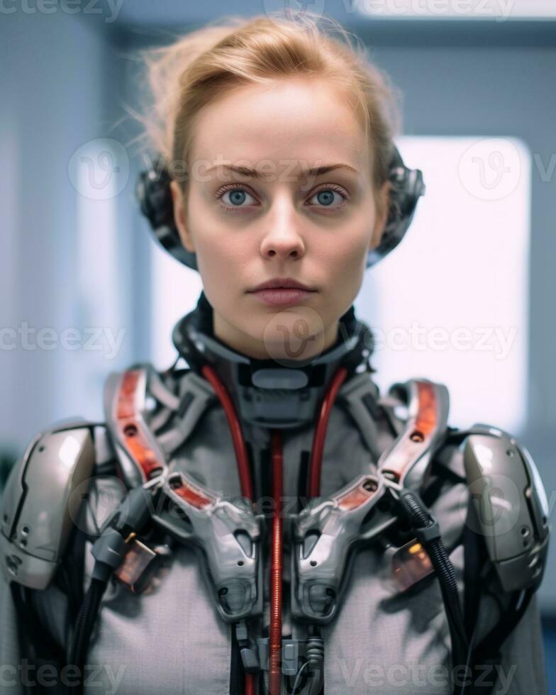 portrait of a young woman wearing a futuristic suit in an office stock photo generative AI