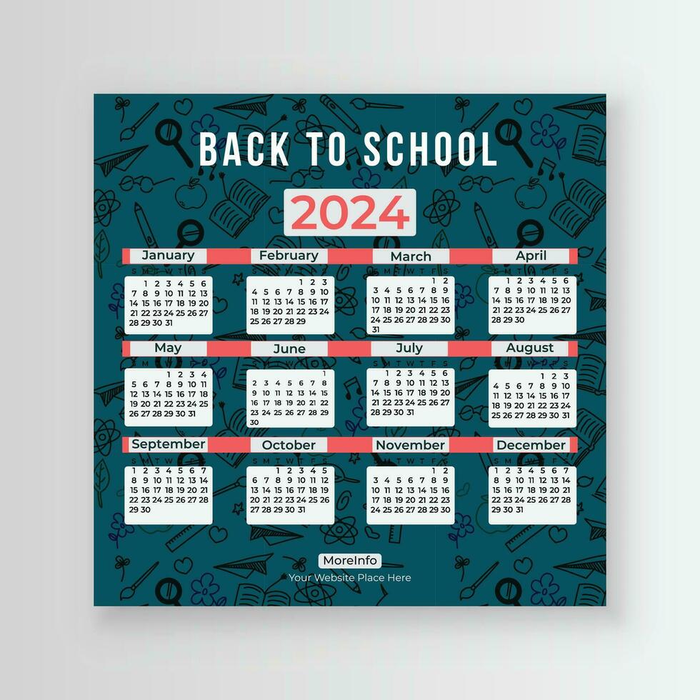 Back to School Social Media Calendar 2024 for your child. You will get a weekly planner, monthly planner, and yearly planner. vector