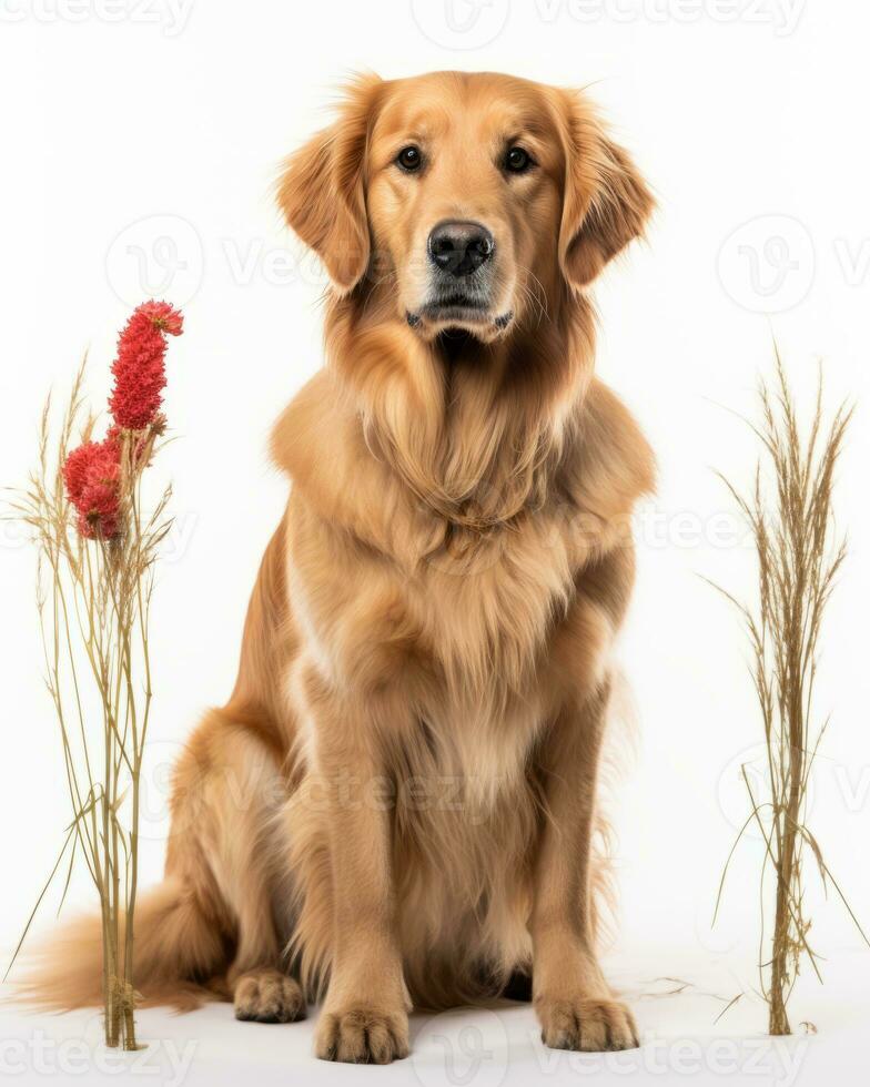 golden retriever sitting in front of tall grass generative AI photo