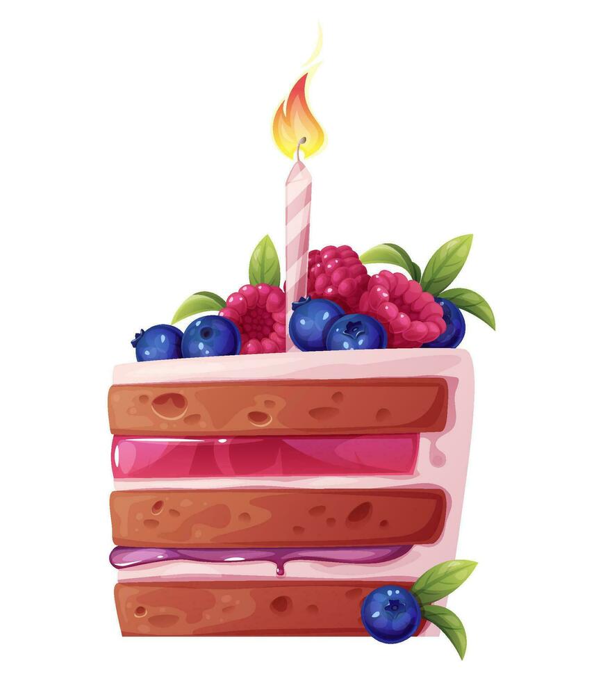 Piece of cake with candle on white background. Happy birthday. Sweet cake with cream, raspberries and blueberries. vector