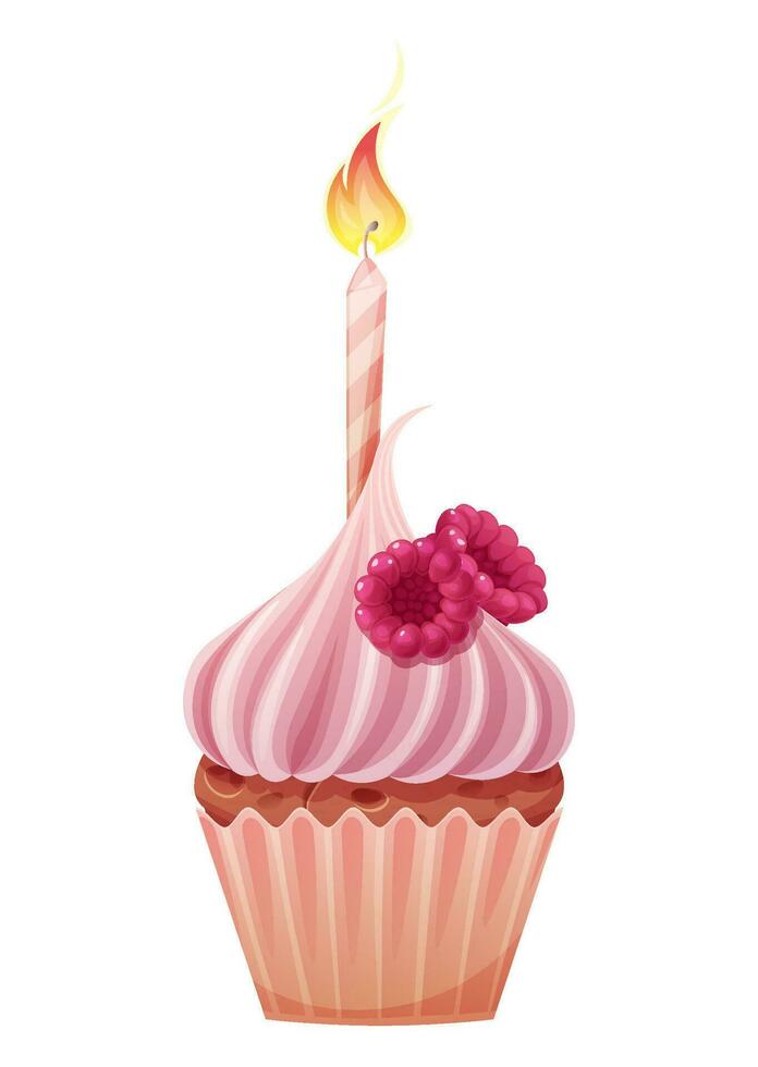 Cupcake with a candle on a white background. Happy birthday illustration. Muffin with cream and raspberries. vector