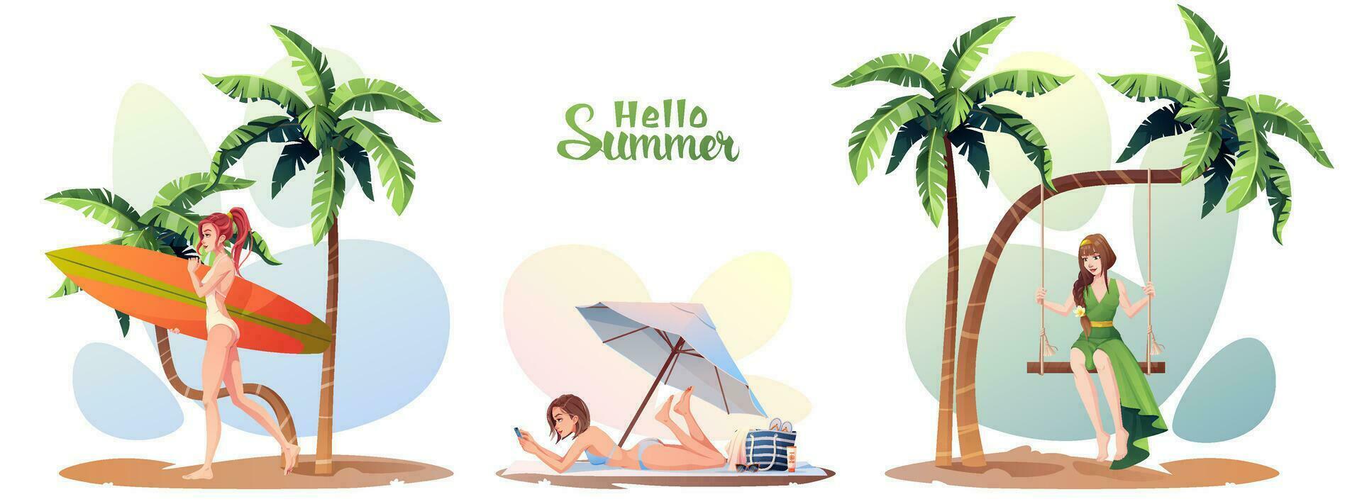 Set of summer illustrations with girls resting on the beach. Sunburn, relaxation, relaxation, active rest. A girl is swinging on a swing, a girl is sunbathing and a girl with a surfboard vector
