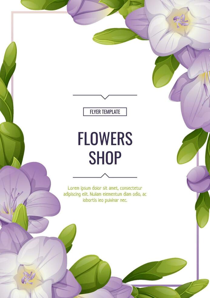 Flyer with freesia flowers. Beautiful backgroundwith purple flowers and buds. Spring card, banner, wedding invitation vector