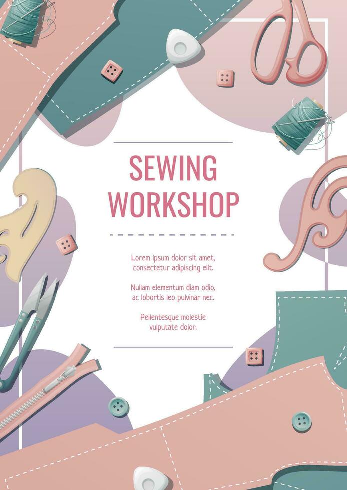 Flyer template with pattern, thread, pattern, scissors. Needlework, hobby, sewing. Poster, banner for sewing shop, workshop, atelier vector